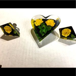 Vintage Yellow Lucite earrings and pin